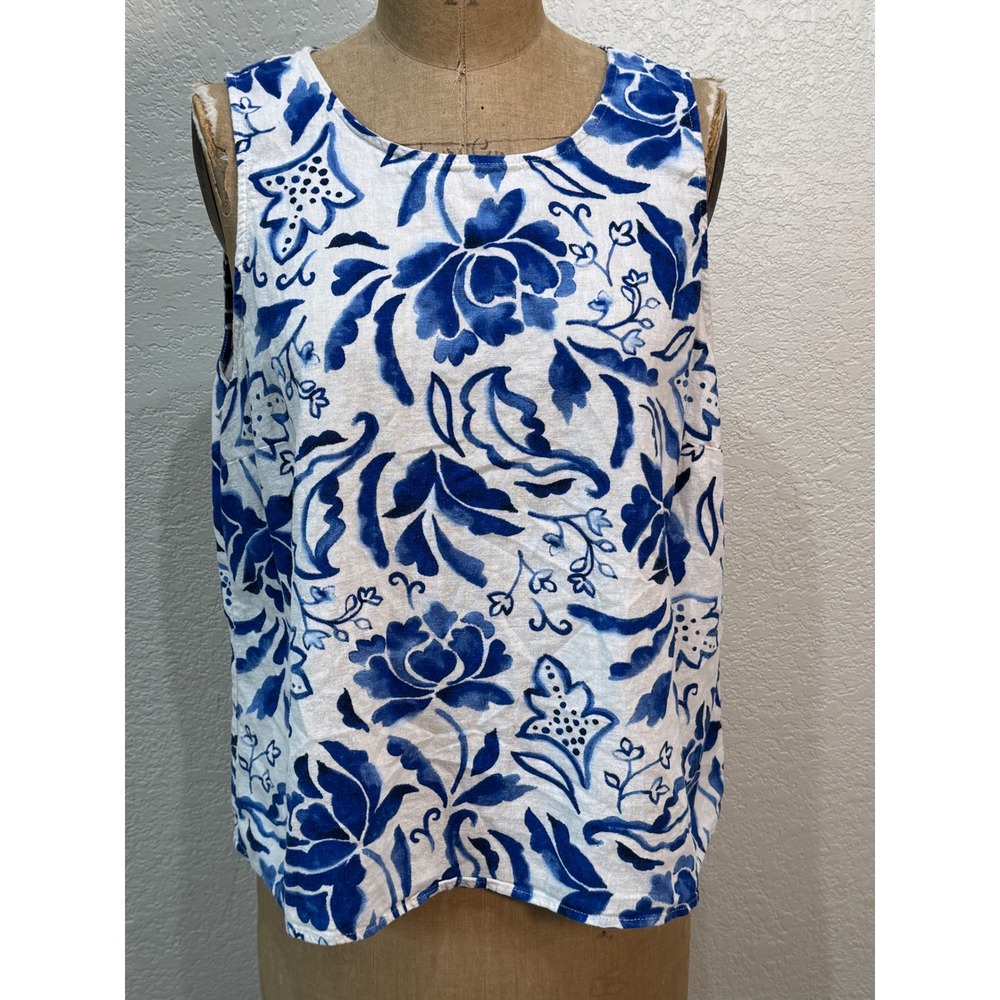 Vince Camuto Womens XL Blue White Floral Linen Blend Sleeveless Tank Top